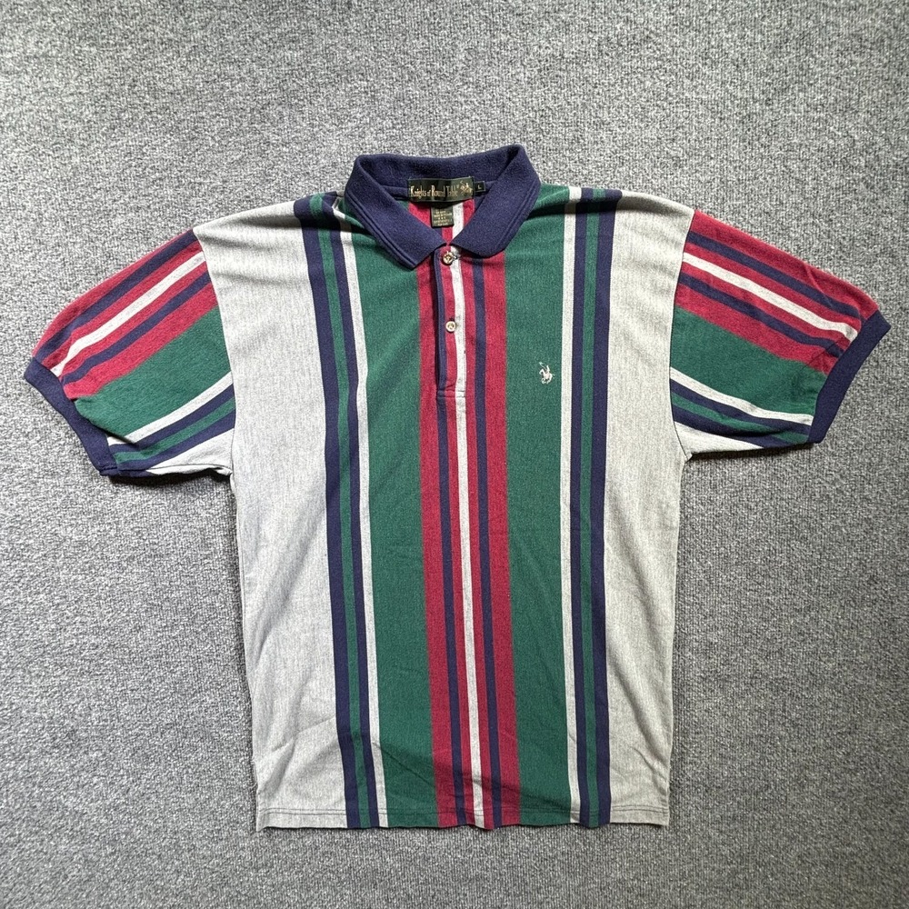 Vintage Knights of Round Table Polo Shirt Men's L Green Polyester Striped Golf